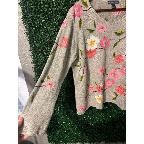 Northern Isles cotton linen blend long sleeve floral sweater size large - Picture 3 of 6